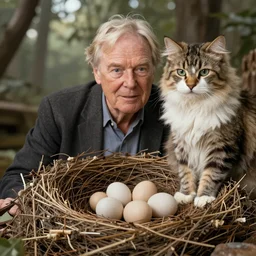 david attenborough in a nest. documentary, exotic shorthair cat with it's eggs, mother cat, fluffy cat, national geographic, strange, photorealistic