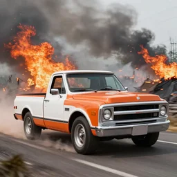 1972 orange and white Chevrolet C10 pickup fleeing a wildfire, Cinestill 800T