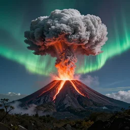 volcano erupting rainbow with a nuclear mushroom cloud at the top, aurora borealis, single point perspective