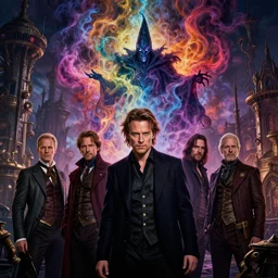 a young mix of willem dafoe, christopher walken, michael emerson, evil wizard, intricate colorful cosmic smoke magic, victorian steampunk city vista, style of artgerm, dan mcphalin, ian mcque