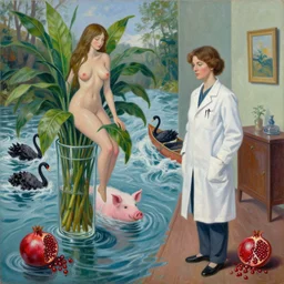 a female pathologist in her apartment, a river flooding inside, sensual, plants in glass vase, water, river, rapids, pig, canoe, black swans, pomegranate, berries dripping, acrylic on canvas, surrealist, by magritte and monet