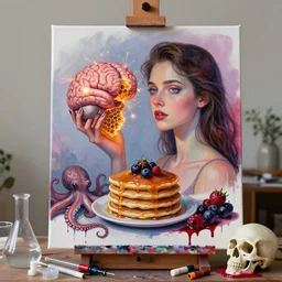a women holding an electronic brain, sparks, honeycomb, organic, femme, a portrait of a girl on an easel, pancakes, berries, octopus, surgical supplies, skull, scientific glassware, art materials, candle dripping wax, berry juice drips, neo - expressionism, surrealism, acrylic and spray paint and oilstick on canvas