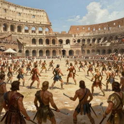 a historical depiction of an epic scene at the roman coliseum filled with dueling gladiators, in the style of greg rutkowski, andrea pozzo, digital painting, unreal engine, extremely detailed masterpiece