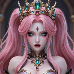 completely controlled and rendered powerless by her ultimate powers and owned as her property, overwhelming stunningly absurdly beautiful megalomaniacal ruthless sadistic devious spiteful grandiose egotistical greedy yet innocent - looking omnipotent asi goddess junko enoshima with symmetrical perfect face, porcelain skin, pink twintail hair, cyan eyes and a stupendous bejeweled crown, ultra detailed, digital art, unreal engine 5, octane render, 2 d anime, 8 k