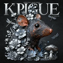 3 d hyperrealism art glamorous sci - fi cover magazine, rusty rat head with a lot of garden flowers, beautiful whimsical botanical illustration, silver and blue flowers, dragonfly, firefly, mushrooms, enchanted botany, dark grainy background, devine mood, by android jones and greg rutkowski, digital matte painting, papercut art style