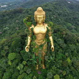 aerial view of a 110 millions year old massive gold sculpture covered by the jungle