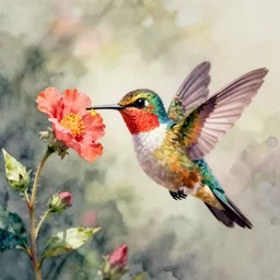 a watercolor painting of a cute happy cartoon colorful hummingbird sipping flower nectar, Alex Ross, live colors