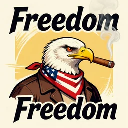 1950's fallout 3 style poster art of an eagle wearing an american flag bandanna and smoking a cigar with the word freedom