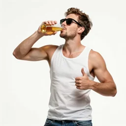 a redneck man wearing a tank top, sunglasses, drinking beer, doing a thumbs up gesture, dancing, laughing at his house being on fire, high quality, detailed, a beautiful retrowave artwork, trending on artstation