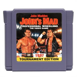 john madden : john's mad professional wrestling the video game 1 9 9 7 tournament edition for the nintendo genesis, game cartridge, box art, cart label