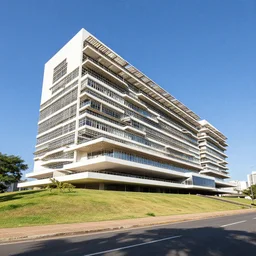 wide angle exterior shot of an exquisitely detailed modernist building on a hill, contemporary african architecture with sun shading and pergolas, contemporary architecture, cosmopolitan design, bauhaus, arieh sharon, demas nwoko, brasilia, architectural magazine feature, architectural photography, wide shot, canon eos r 3, telephoto lens, sigma 5 0 0 mm f / 5, iso 2 0 0, 1 / 1 6 0 s, 8 k, raw, unedited, in - frame