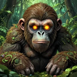 an fruit ape monster, menacing expression, nature themed, 4 k, glowing amber eyes, intricate details, highly detailed, kentaro miura art style