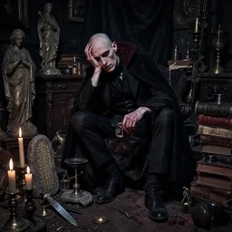 night portrait of a neurotic british man ( ( vampire ) ) feeling confidant thin in a cluttered room full of ancient artifacts dark dusty ( bald ) statues runes books magical arcane instruments candlesticks ritual stone knife drapery bloody atmospheric f / 1. 4 hdr