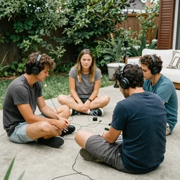 “realistic 5 adults sitting on a cement patio in the summer listening to music”
