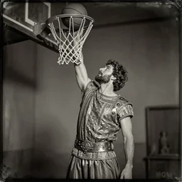 Daguerreotype of a Byzantine warrior dunking a basketball into a hoop