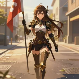 anime girl marching on a pavement road with a flag and steampunk weapons and armor, finely detailed, beautiful, serious, cinematic lighting, golden hour, buildings, long brown hair, brown eyes, reflective, sharp focus, anime, intense,