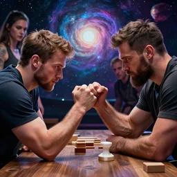 Epic shot of a man pit against his mortal enemy in a thumb war for the fate of cosmic reality. Digital art. By Finnian MacManus, Dominik Mayer, Anton Fadeev, and Alena Aenami. Masterpiece. Trending on Artstation and CGsociety. World's greatest artistry. HDR. 4k. Amazing incredible awesome awe-struck fantastic intriguing. Creative use of colors. Fantastic lighting.