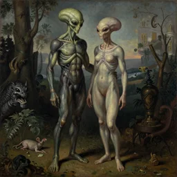 alien man with alien woman, full body, portraiture, painted by Beksiński, 4k, intricate details, unreal engine, dynamic lighting