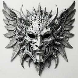 ancient biomechanical hybrid slavic thunder god fantasy human angel face mask tattoo pattern concept, glagolitic glyph, intricate artwork by, Johnatan Wayshak, Zdizslaw Beksinski, Artgerm, H.R. Giger, very coherent artwork, cinematic, hyper realism, high detail, octane render, unreal engine, 8k, High contrast, higly detailed black ink outline, crosshatch sketch gradient