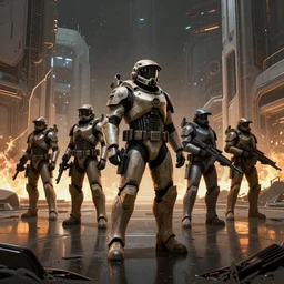 detailed ultra - realistic graphic novel illustration of patrolling armored space troopers, reflections, fire, space, desolated city district, space base, by famous digital artists, cinematic, full shot, sci - fi