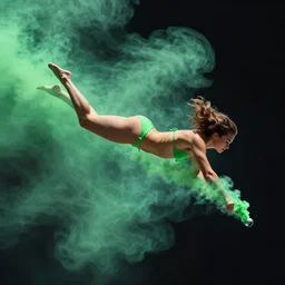 4 k ultrasharp photo of girl in bikini flying in space and smoke green bong, background in space