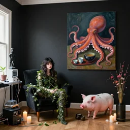 a female emo pathology student in her apartment, wrapped in vines, medical equipment, candles, octopus, japanese tea ceremony, pig, black walls, ikebana, black armchair, sculpture, acrylic on canvas, surrealist, by magritte and monet