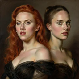 engraving portrait of beautiful scarlet johansson and natalie portman, by tom bagshaw, jean delville, william bouguereau, albrecht durer