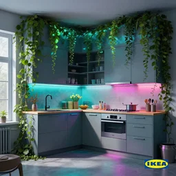 IKEA catalogue photo, high end farm house style kitchen, cyberpunk with neon lighting, organic, vines by Beksiński