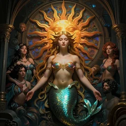 stunning, breathtaking, awe-inspiring award-winning realistic concept art face portrait of mermaid Anna Cathcart as a goddess of the sun, by Alphonse Mucha, Ayami Kojima, Amano, Charlie Bowater, Karol Bak, Greg Hildebrandt, Jean Delville, and Mark Brooks, Art Nouveau, Neo-Gothic, gothic, rich deep colors, cyberpunk, extremely moody lighting, glowing light and shadow, atmospheric, shadowy, cinematic, 8K