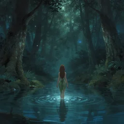 forest nymph rising from the water. view from behind, wide angle view, back view. nuri iyem, james gurney, james jean, anato finnstark. trending on artstation, starlight, and enchanted dreams