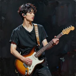 large brush painting of a young korean male musician wearing stylish black v neck t shirt holding a telecaster!!! electric guitar!!, candid!! dark background, thick flowing dramatic brush strokes, dark matte colors, abstract, impressionist, motion, trending on artstation