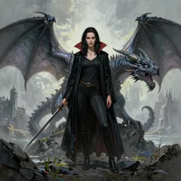 Buffy the vampire slayer, single person, painting, fantasy, dragons, landscape image, concept art, full body