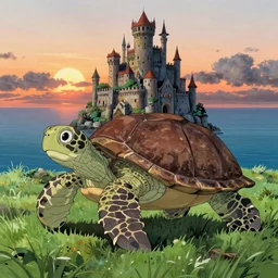 a giant turtle in the ocean with grass and a giant castle on its shell, sunset, art by hayao miyazaki, studio ghibli film, hi res, 4k, high detail