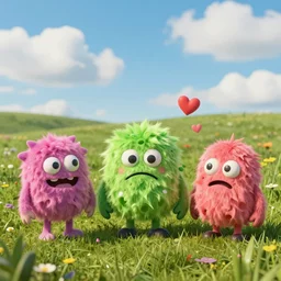 the pain is splattered on the sad monsters face on a happy sunny day in a big meadow under puffy clouds