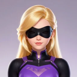 character concept portrait, symmetrical head-on centralized, super-hero girl, small-mask, blond, black and violet costume, aura of power. Detailed, high quality, dynamic lightning, fantasy. Artwork by Artgerm, WLOP, Alex Ross, Greg Rutknowski, Alphonse Mucha