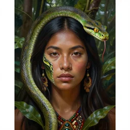 the ayahuasca vine plant spirit mixed with the face of a beautiful indigenous woman in the jungle, with green snake skin and yellow snake eyes, beautiful colors, matte painting, by christophe vacher