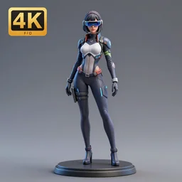 80mm resin detailed miniature of a beautiful lady, high-tech suit, cyber goggles, short hair, Product Introduction Photos, 4K, Full body