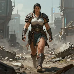 a big muscular female warrior in tao armor walking across a cyberpunk wasteland with no helmet, attractive female face, symmetrical face details, ultra realistic, very highly detailed, 8K, octane, Digital painting, concept art, illustration, rule of thirds, sharp focus, centered, The style of Syd Mead