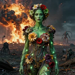 A portrait of a woman wearing clothes made out of dying flowers, nuclear explosion in the background, Masterpiece, green skin, glowing, wires everywhere, by Edgar Maxence and Ross Tran, Zdzisław Beksiński, and Michael Whelan, distant, gustav dore, H.R. Giger, 8k, octane render