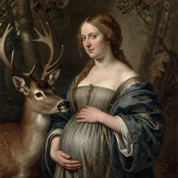 portrait of a pregnant woman with deer in the forest. copper engraving by albrecht durer, august sander