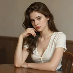 sexy girl in a low cut blouse, seductive pose, sitting at a table. highly detailed, digital painting, artstation, concept art, smooth, art by ilya kuvshinov, high definition digital art