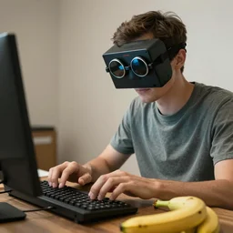 man wearing round welder sunglasses hitting a keyboard with a banana