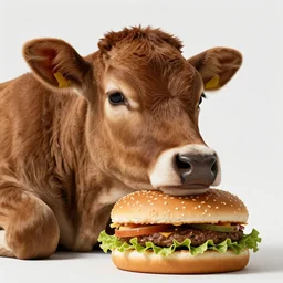 a brown calf animal resting his head on a hamburger, photorealistic, studio lighting