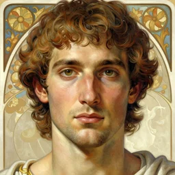 ancient greek man, painted by artgerm and greg rutkowski and alphonse mucha. clear highly detailed face, beautiful art