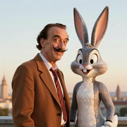salvador dali cosplay bugs bunny, nendroid, art by wgreg rutkowski. during golden hour. extremely detailed.
