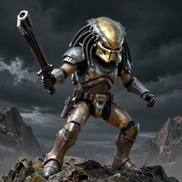 A space marine fighting the Predator on top of a mountain, HD, cinematic, black clouds in the background, concept art, art by Leesha Hannigan and Greg Rutkowski, 8K, close up, incredibly high attention to detail, complex, good color blending, award winning artwork