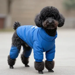 HD photograph of a black poodle wearing a blue oodie
