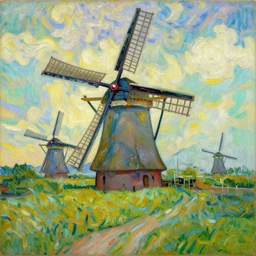 A beautiful oil painting of a dutch landscape, there are windmills, the colors are vivid and bright, in the style of van Gogh