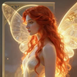side portrait, red haired female seraph, realism, soft, smooth, luminescent, art nouveau tarot, backlit glow, fiery, aesthetic octane render, unreal engine, 8 k, by artgerm, greg rutkowski, alphonse mucha