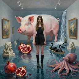painting of a tall emo girl wearing long black boots in a flooded art gallery, a giant pig, pomegranates, octopus, cephalopods, flooded, stone sculptures, art on the walls, fish, zen, waterfall, black swans, canoe, berries, surrealist, by magritte and monet